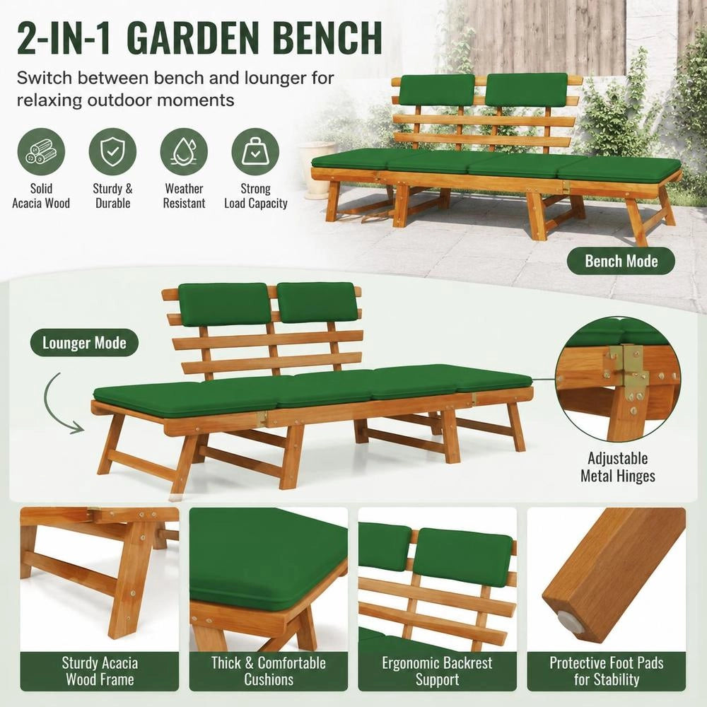 Garden Bench With Cushions 2-in-1 190 Cm Solid Acacia Wood