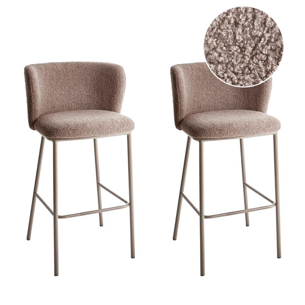 Set di 2 sedie da bar moderne in bouclé marrone Schienale curvo Gambe nere Sala da pranzo moderna Cucina