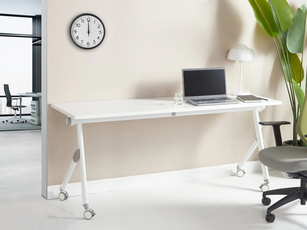 Scrivania rettangolare pieghevole con rotelle portatile con struttura in metallo bianco 180 x 60 stile moderno