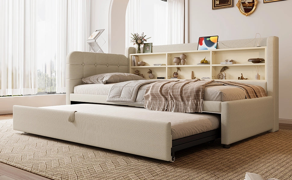 DESMIU Letto divano 90 × 200 cm 1 posto con USB, Type-C, ripiani, senza materasso, in lino, beige