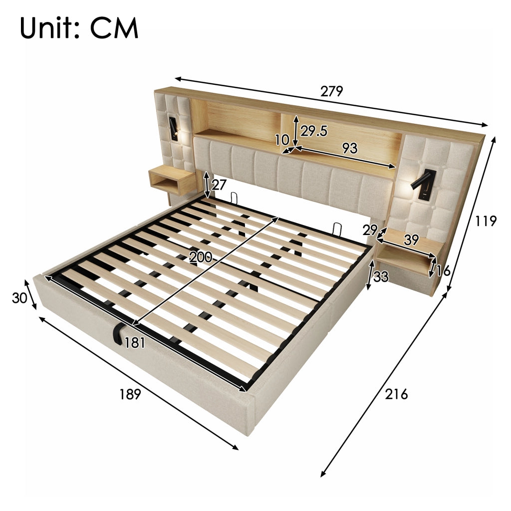 Letto contenitore 180 × 200 cm con luci da lettura, USB e Type-C, 2 comodini sospesi, senza materasso