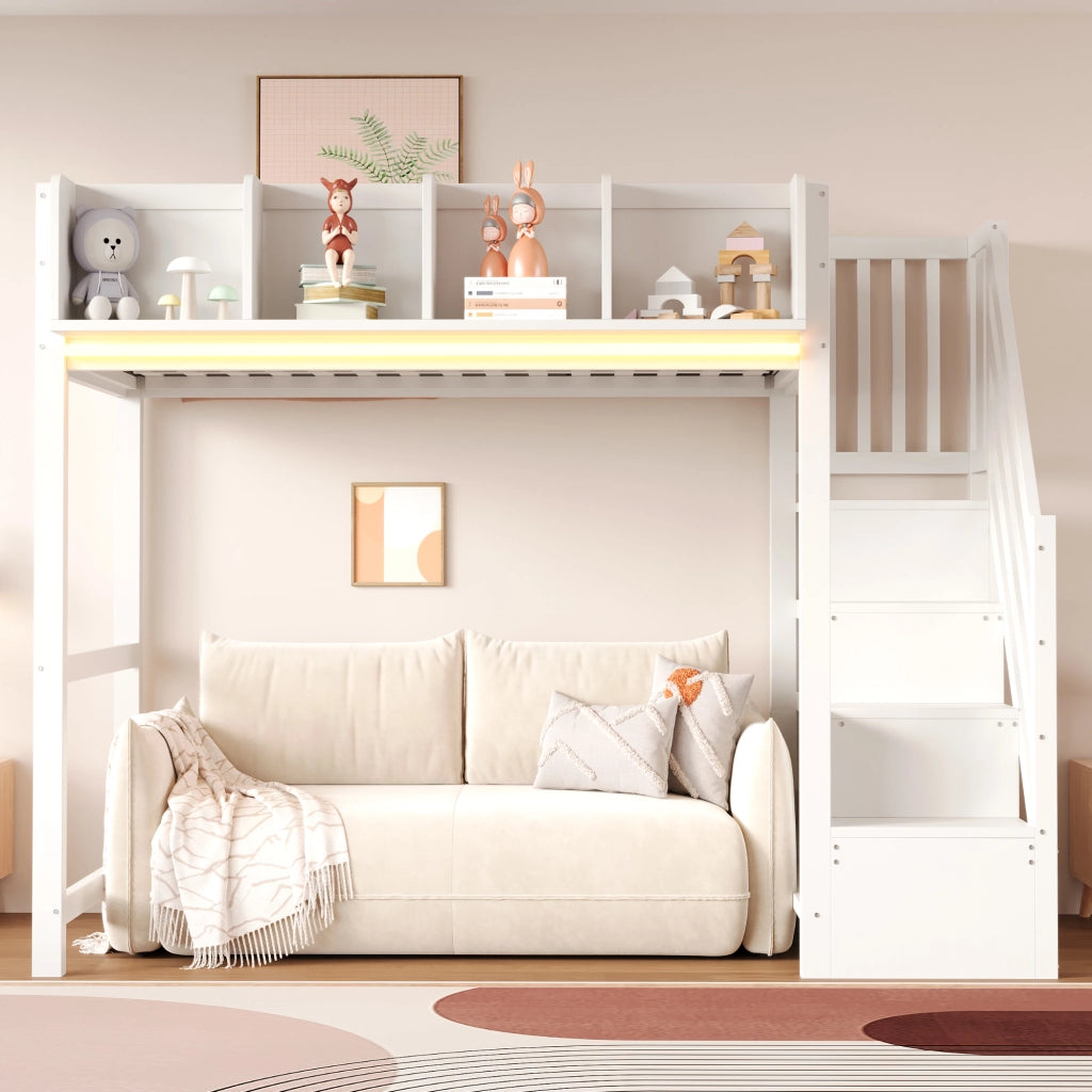 DESMIU Letto a soppalco 90 × 200 cm 1 posto con mensole, LED e scala, senza materasso, in legno, bianco