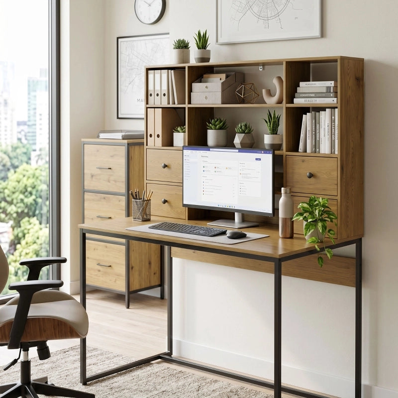 Scrivania con 4 cassetti e ripiani, piano 105 cm, effetto legno naturale