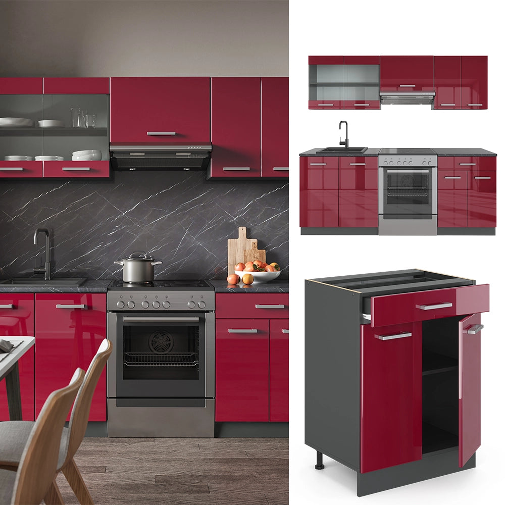 Vicco Cucina componibile Rosso lucido/antracite 200 cm , PL Marmo