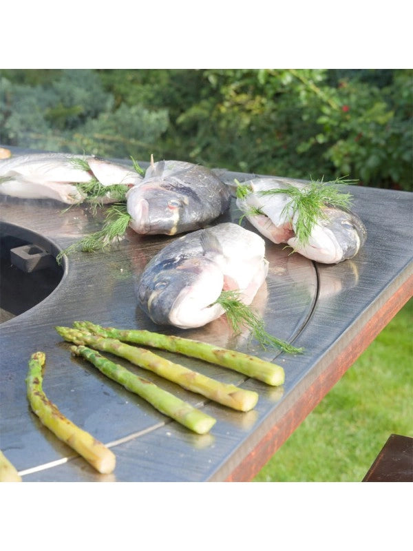 Braciere da giardino, Barbecue con foro per wok e griglia con gambe in acciaio - G2 corten