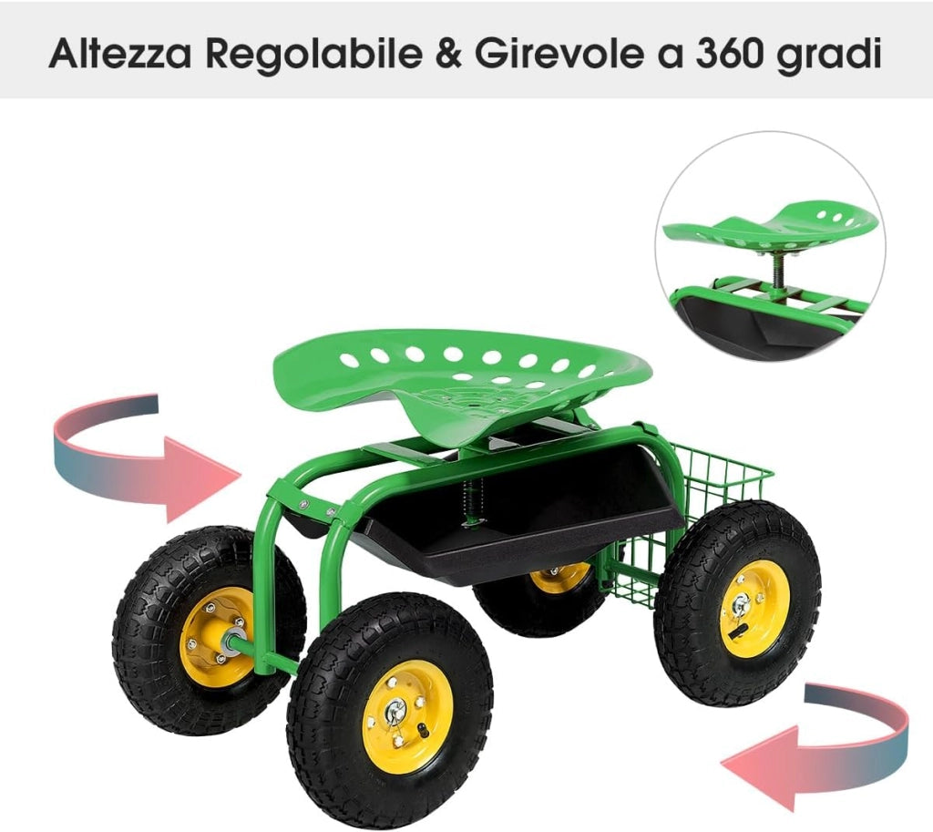 Sgabello da Giardino, Sgabello per Giardinaggio con Ruote, Sedile Regolabile in Altezza e Girevole a 360°, Cestello e Vassoio, Carrello per Prato e Giardino, Portata 150 kg(Verde)