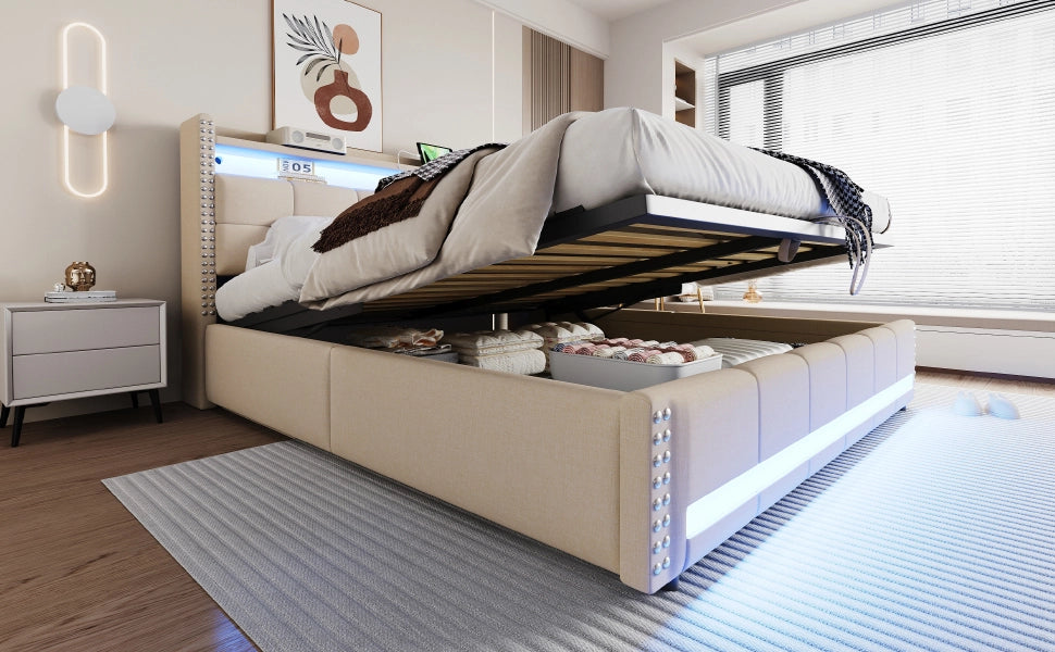 DESMIU Letto Imbottito 180 × 200 cm 2 posti con LED, USB, ripiani e contenitore, senza materasso, in lino, beige