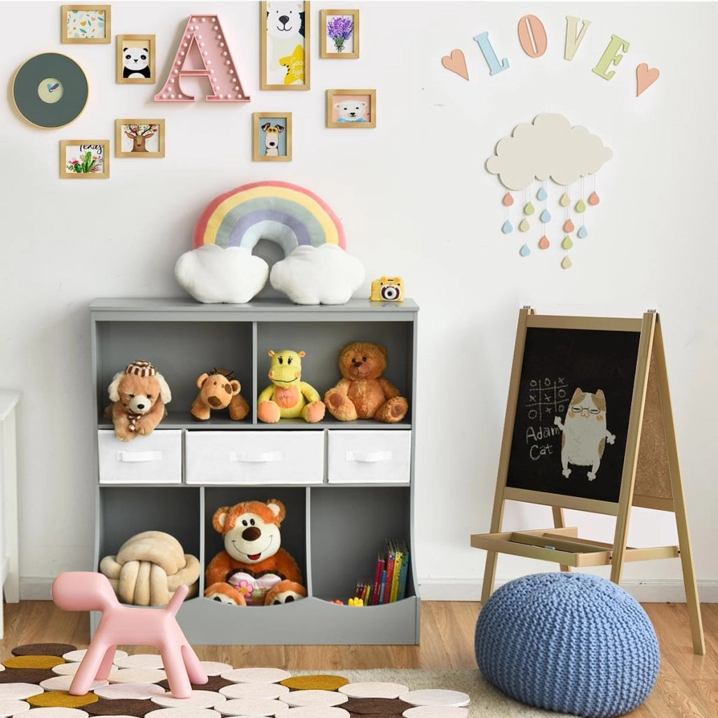 Mobile portaoggetti multiuso per libri e giocattoli, armadietti di 2 diverse dimensioni, armadio per bambini, libreria aperta con 3 cassetti, 93 x 40 x 94 cm (grigio) (QF53080PAFR)