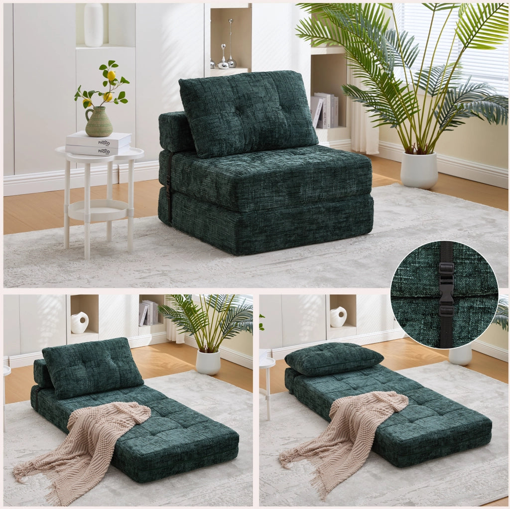 Sofà letto pieghevole in chenille verde smeraldo 79x79x57 cm; con cuscini
