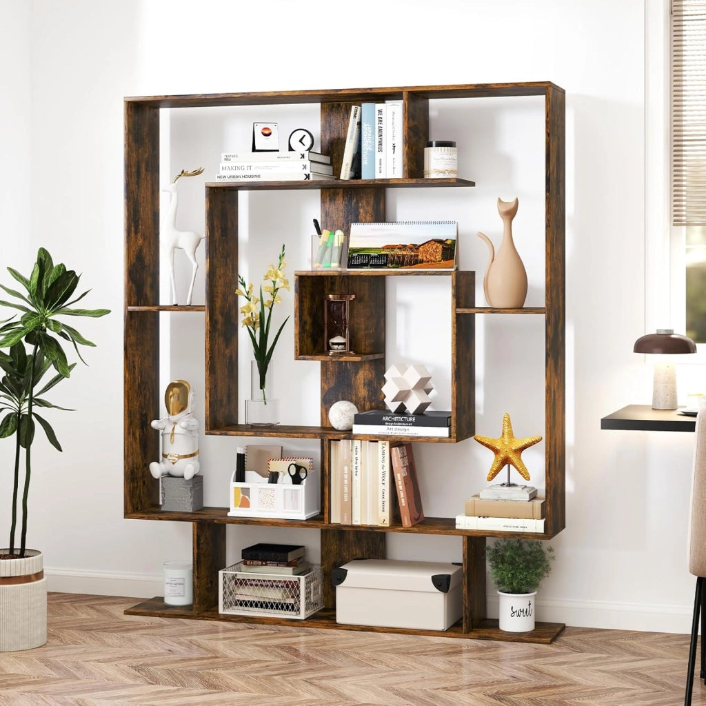 Libreria Scaffale Geometrico Spirale ad Angolo Retto a 7 Ripiani, Scaffale Espositivo in Legno Salvaspazio, Libreria per Camera da Letto, Soggiorno e Salotto, 125 x 22 x 150 cm (Marrone)