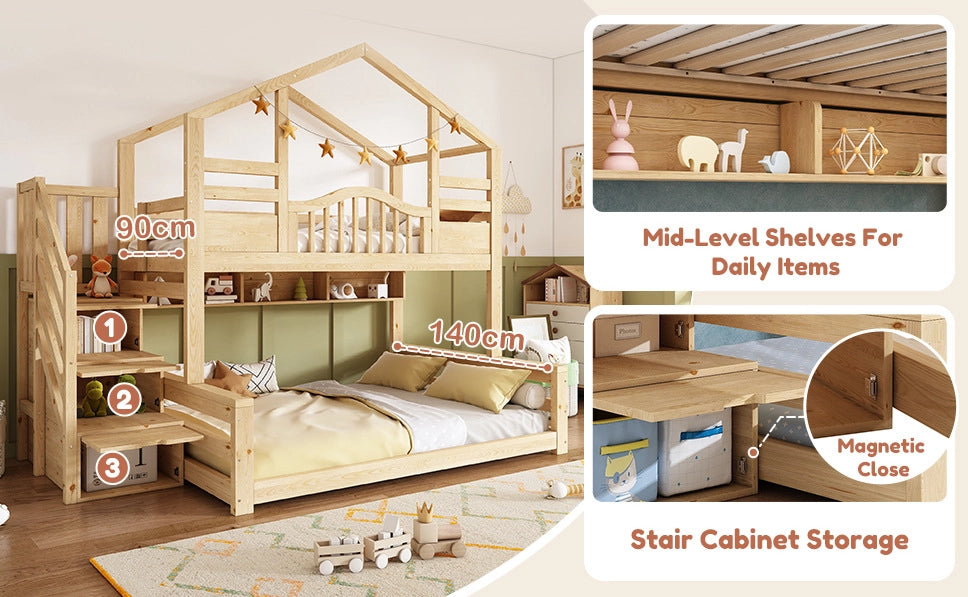 Letto a castello in legno 90x200 e 140x200 con scala contenitore