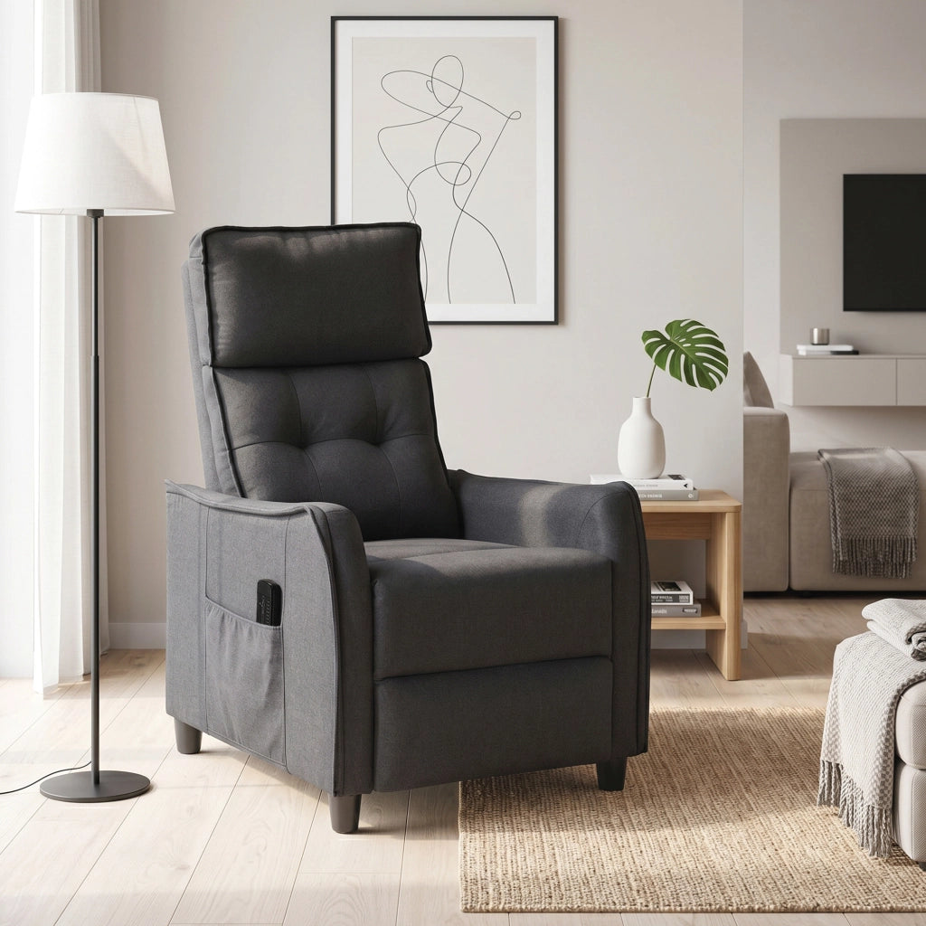 Poltrona Massaggiante  69x93x104 cm Reclinabile a 160° con Poggiapiedi e Telecomando Effetto Lino Grigio Scuro
