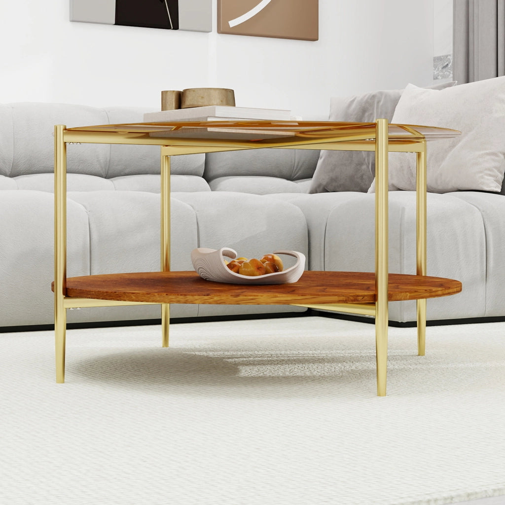 Tavolino da caffè con piano in vetro e base in legno - per soggiorno - Ø 82 cm - oro