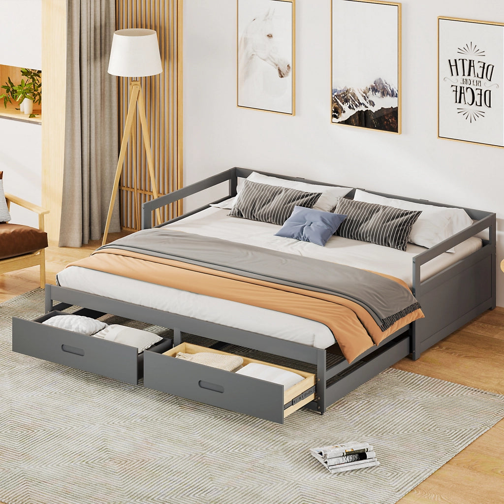 OKWISH Letto Estraibile 90×200 cm, Letto Singolo con 2 Cassetti, Estensibile a 180×200 cm e Cassetti, senza Materasso, Grigio