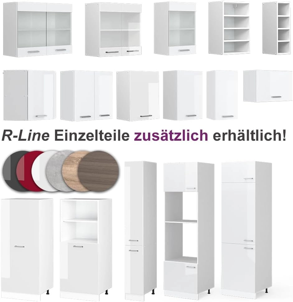 Cucina ad angolo Rick, Bianco lucido/bianco, 270 x 60 cm, PL Marmo, con moduli combinabili in modo variabile e piedi regolabili in altezza