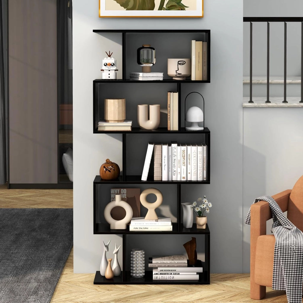 Scaffale in Legno a 5 Ripiani, Libreria Scaffale a Forma di S con Dispositivo Antiribaltamento, Divisorio per Soggiorno Ufficio Camera da Letto, 70 x 23,5 x 158 cm
