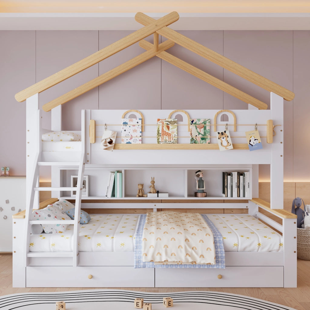 Letto a Castello 90x200 cm e 120x200 cm con 2 Cassetti; Scala e Mensola; Bianco Naturale