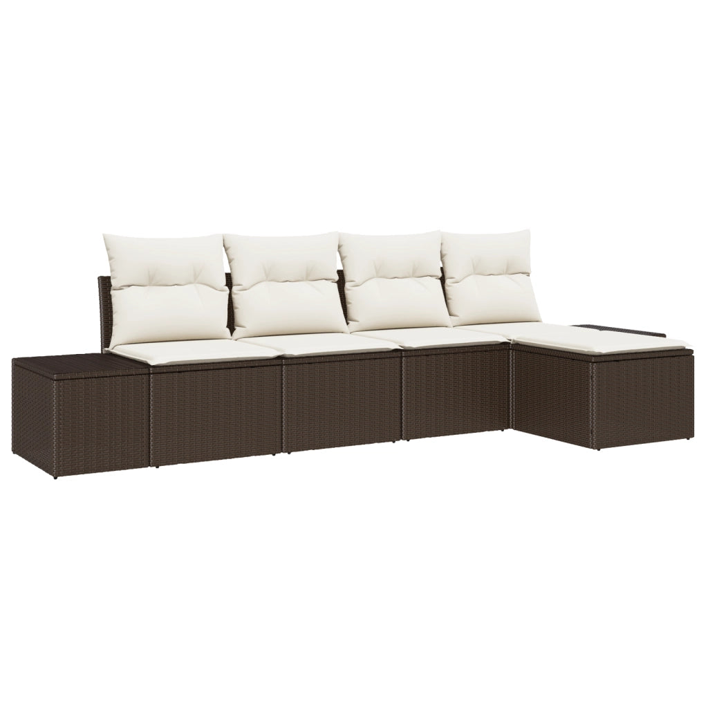 Set Divano da Giardino da 5 Pezzi con Cuscini in Rattan Poliestere Marrone