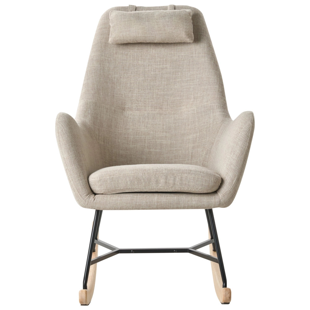 Sedia A Dondolo Tessuto Beige Gambe In Metallo Pattini In Legno Moderni