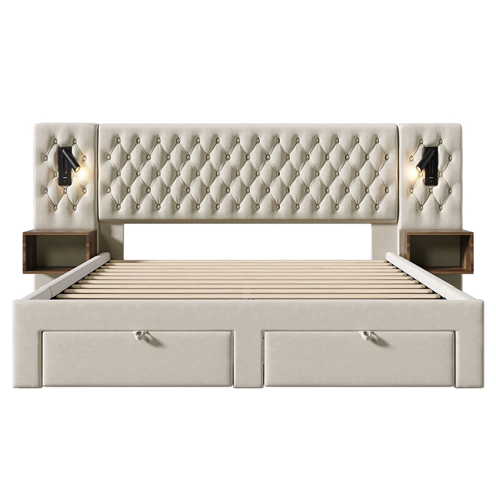 Letto con contenitore - Xylo - 160x200 cm - Beige - 2 comodini, 4 cassetti, USB