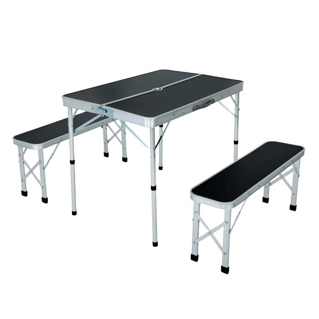 Tavolo da Campeggio ROI con 2 Panche Pieghevoli, Colore Nero