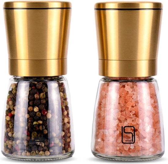 Set di Molini per Sale e Pepe - Premium Oro - Molino Ceramico Regolabile - Maniglia in Acciaio Inox - Molo per Sale e Pepe
