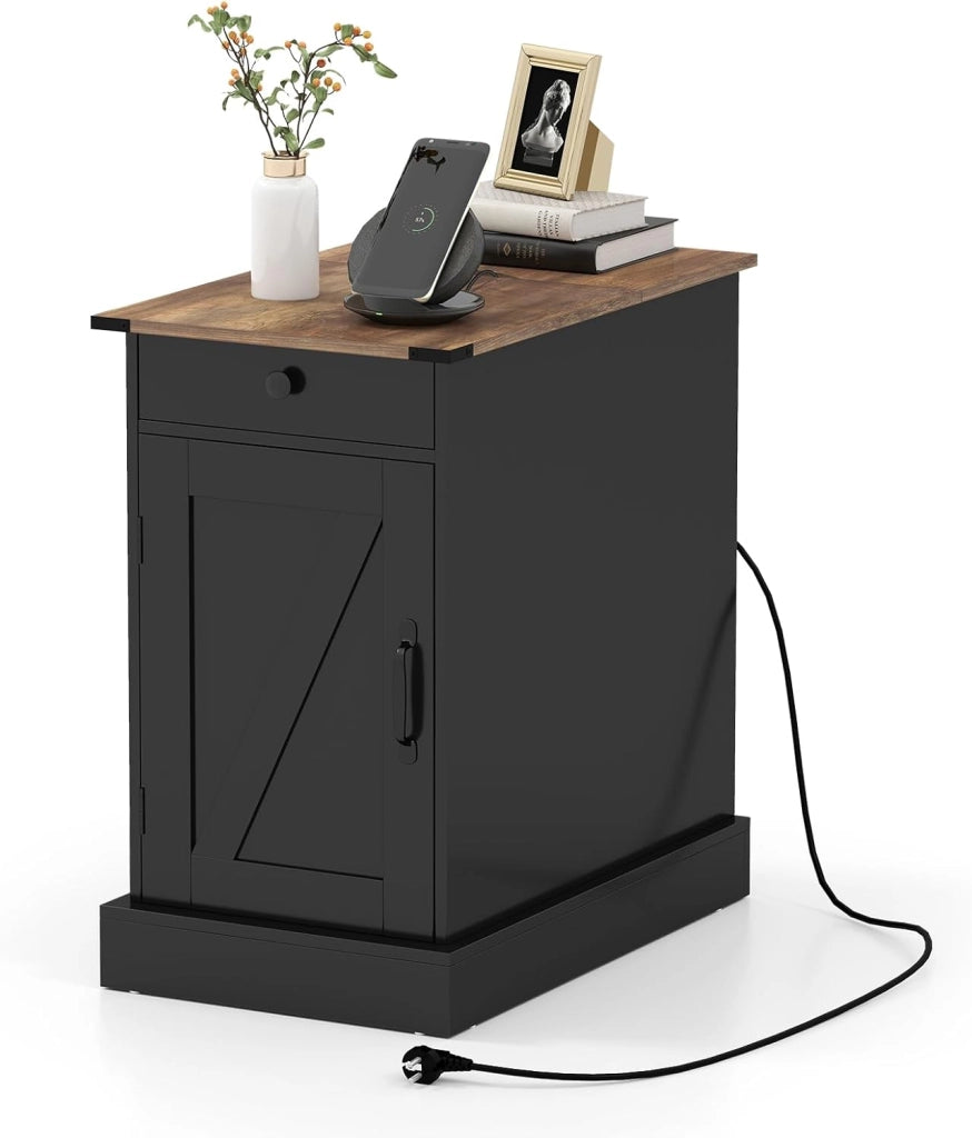Tavolino da Salotto, Tavolino con Stazione di Ricarica, Coperchio a Ribalta, Cassetto, Vassoio Rimovibile e Armadio, Mobile Versatile in Legno da Letto e Divano (Bianco)