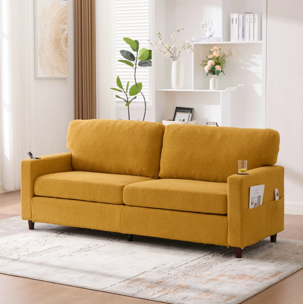 Divano a 2 posti in chenille con USB-C; LED; portabicchieri e tasche laterali; 203 cm; giallo senape