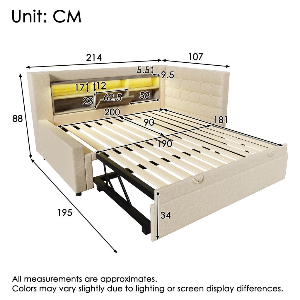 LETTO CONTENITORE 90x200 cm Beige in lino con LED e letto estraibile