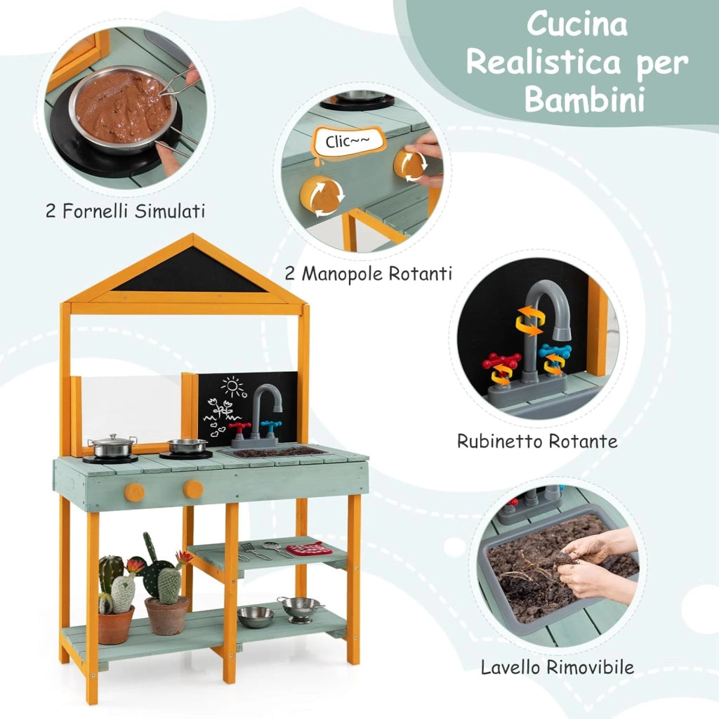 Cucina Giocattolo per Giardino con Vaso da Piantinaggio Trasparente, Rubinetto e Lavandino Rimovibile, Cucina in Legno di Abete per Bambini, Set Cucina con 8 Accessori (Verde e Arancio)
