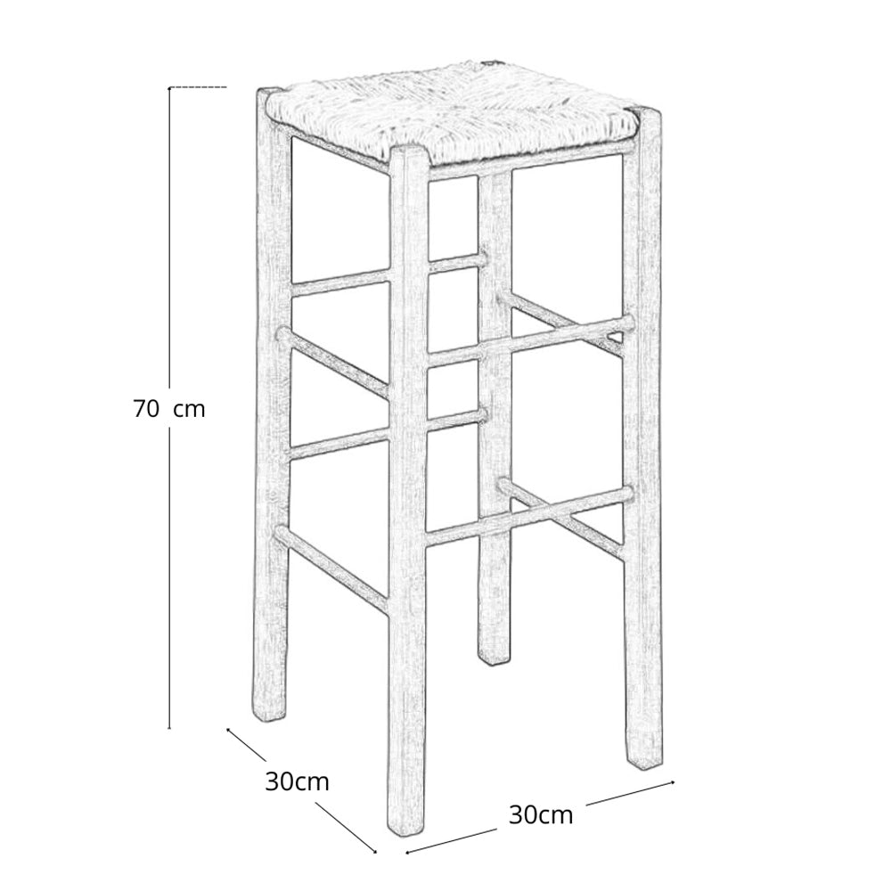 Sgabello h 70 cm in legno noce scuro con seduta quadrata in paglia gambe dritte