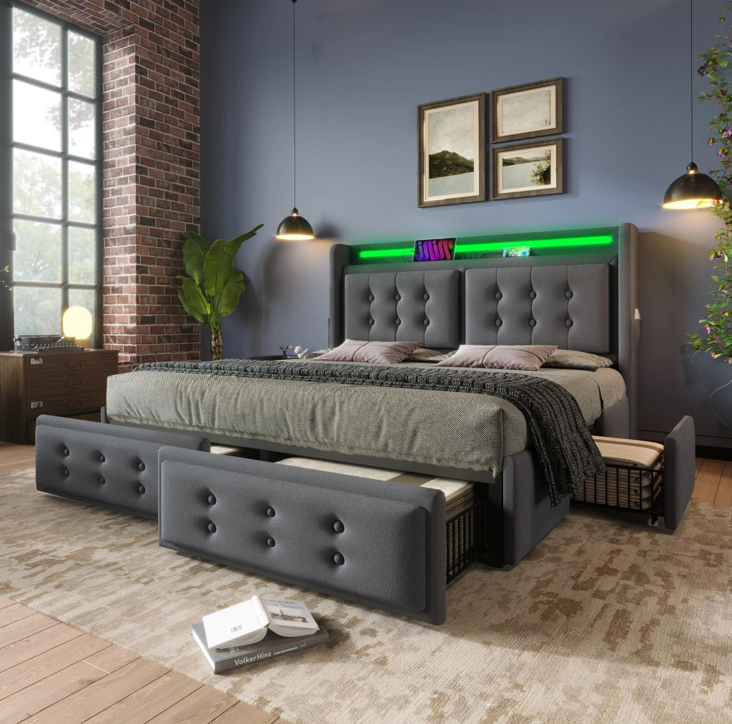 Letto matrimoniale 140x200 cm con materasso; LED; USB-C e 4 cassetti in cotone-lino grigio
