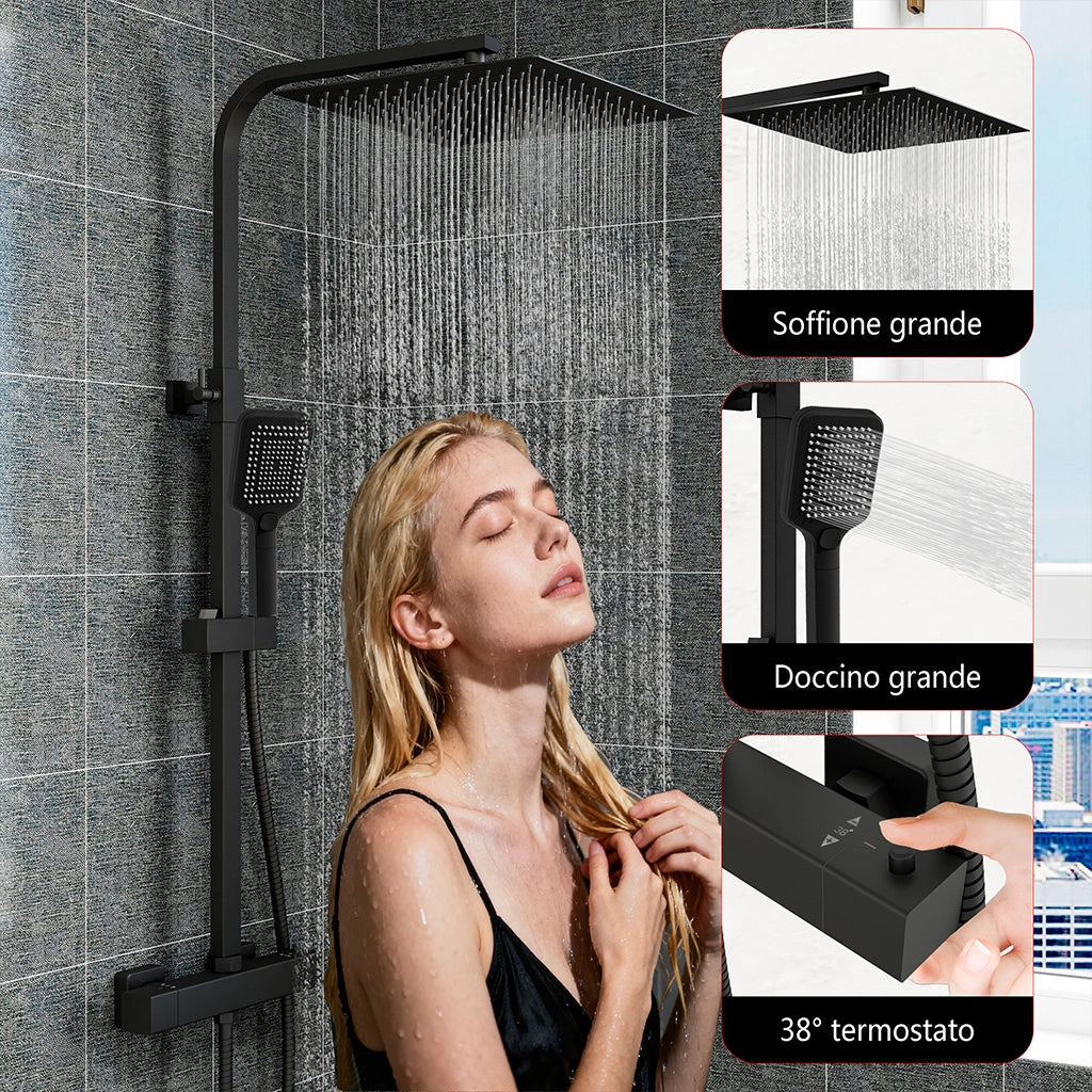 Grande soffione doccia 30x30cm con miscelatore termostatico e doccetta a 3 modi di getti, nero