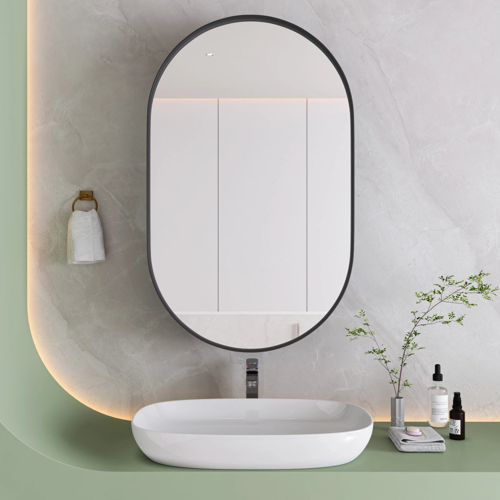 Armadietto a specchio ovale con 2 ripiani regolabili installazione a parete o incasso per bagno in metallo nero