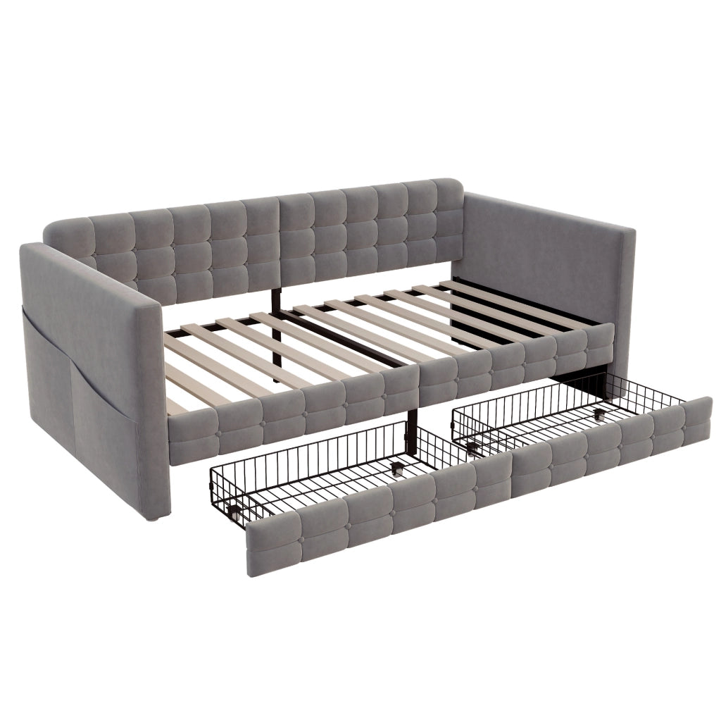 LETTO Imbottito 90x190 cm Grigio in velluto con 2 cassetti e tasche laterali