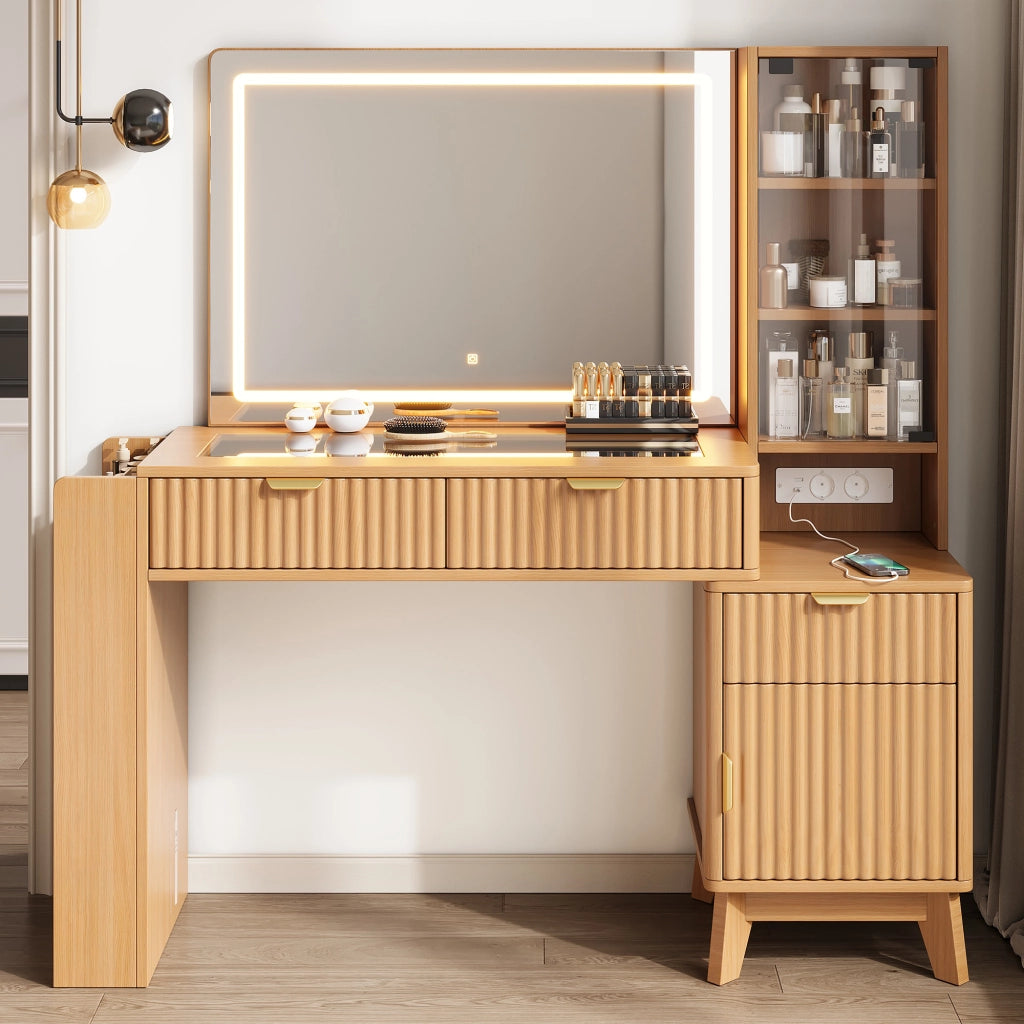 Toeletta con specchio LED; 3 cassetti e vano laterale - in MDF e truciolare - 133×40×136 cm - naturale
