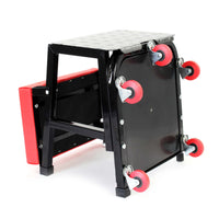 Sgabello da officina con ruote e scaletta, carrello e scaltte 2in1, portata 160 kg, sgabello da meccanico con portaoggetti e scalino
