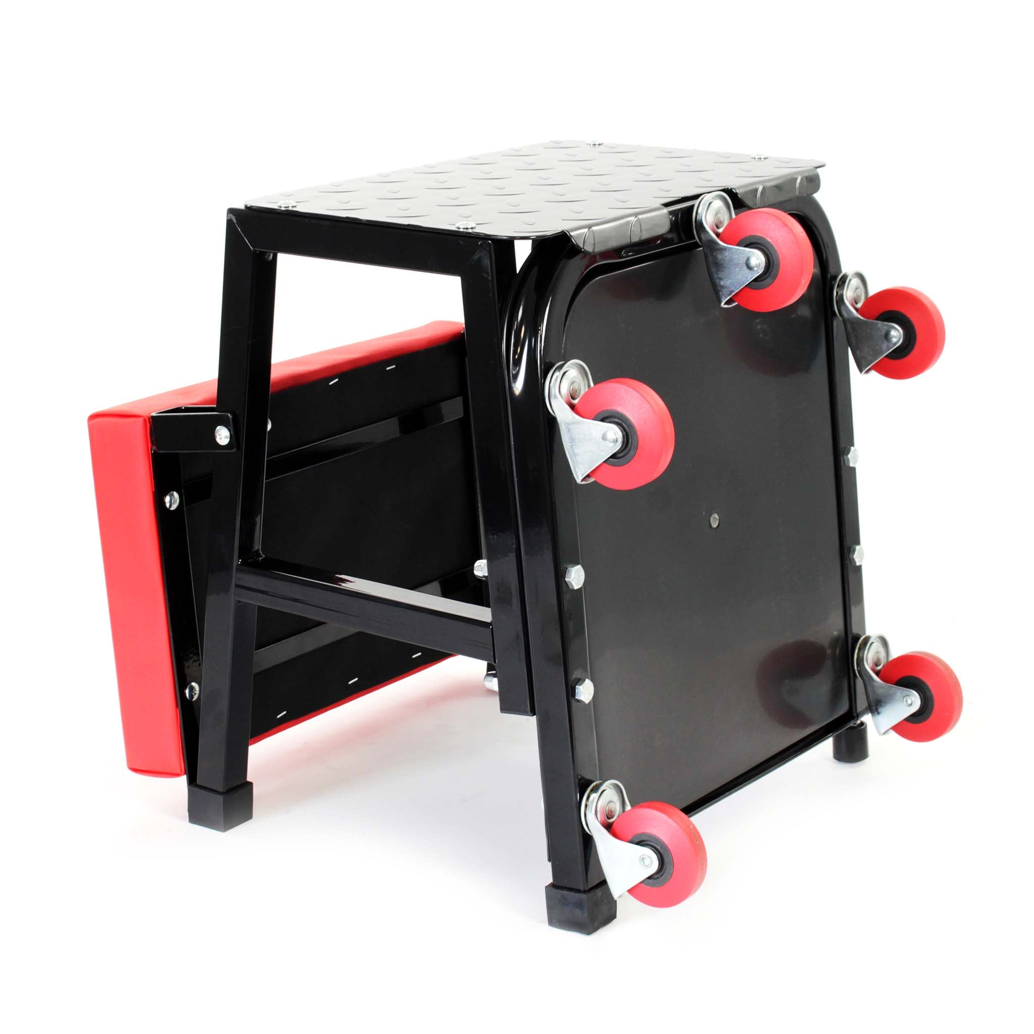 Sgabello da officina con ruote e scaletta, carrello e scaltte 2in1, portata 160 kg, sgabello da meccanico con portaoggetti e scalino