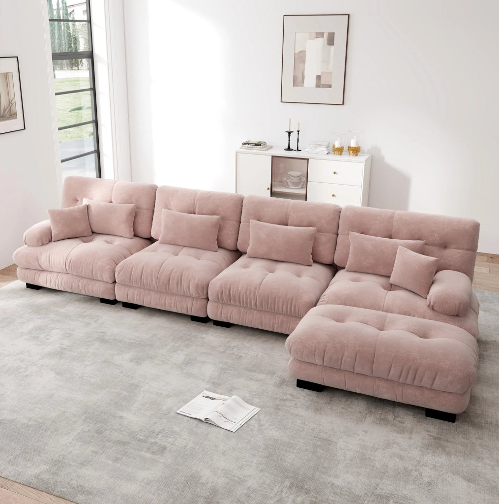 Divano modulare con ottomane mobili in ciniglia rosa