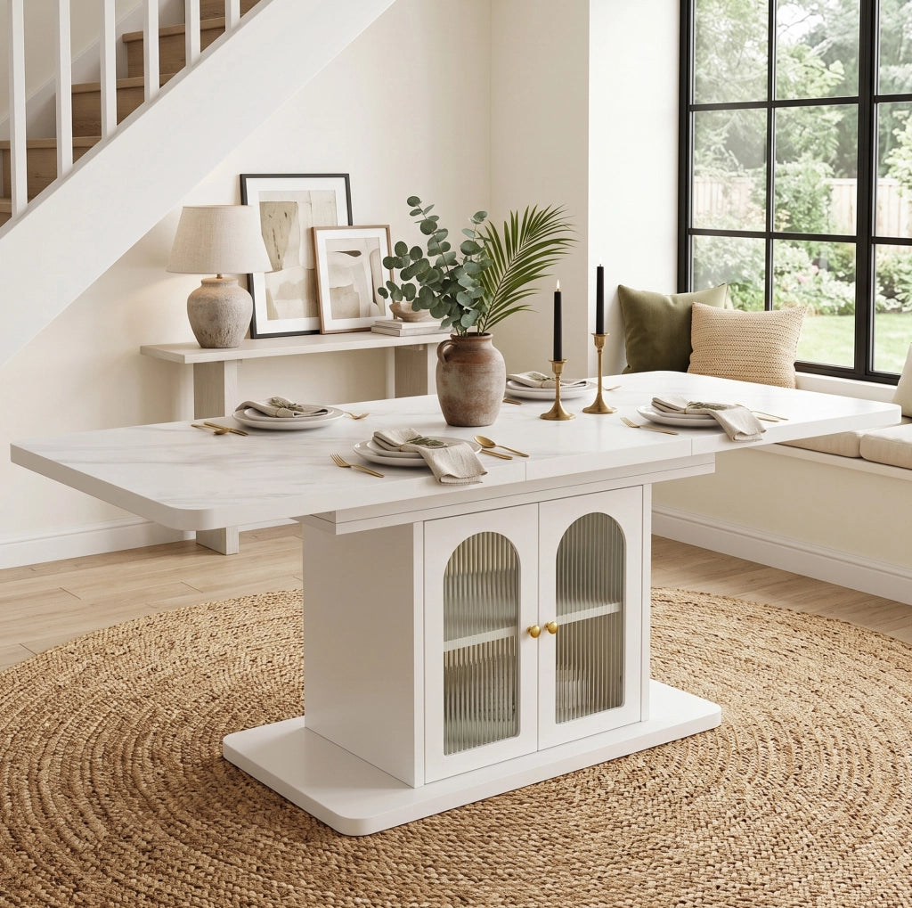 Tavolo da pranzo allungabile con vano contenitore e striscia LED in MDF bianco