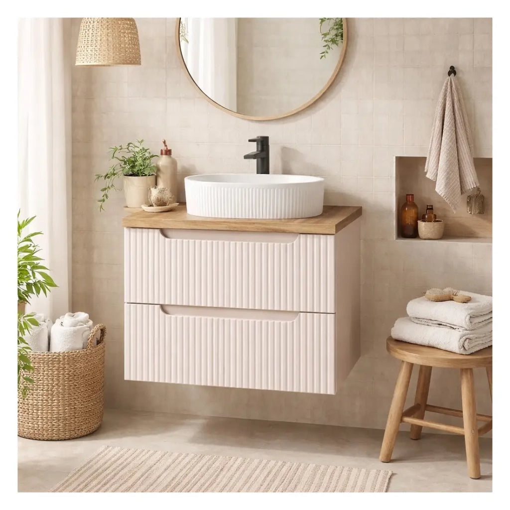 Set da bagno VANO cachemire e quercia 80cm: mobile sottolavabo con cassetti scanalati verticalmente + piano per lavabo
