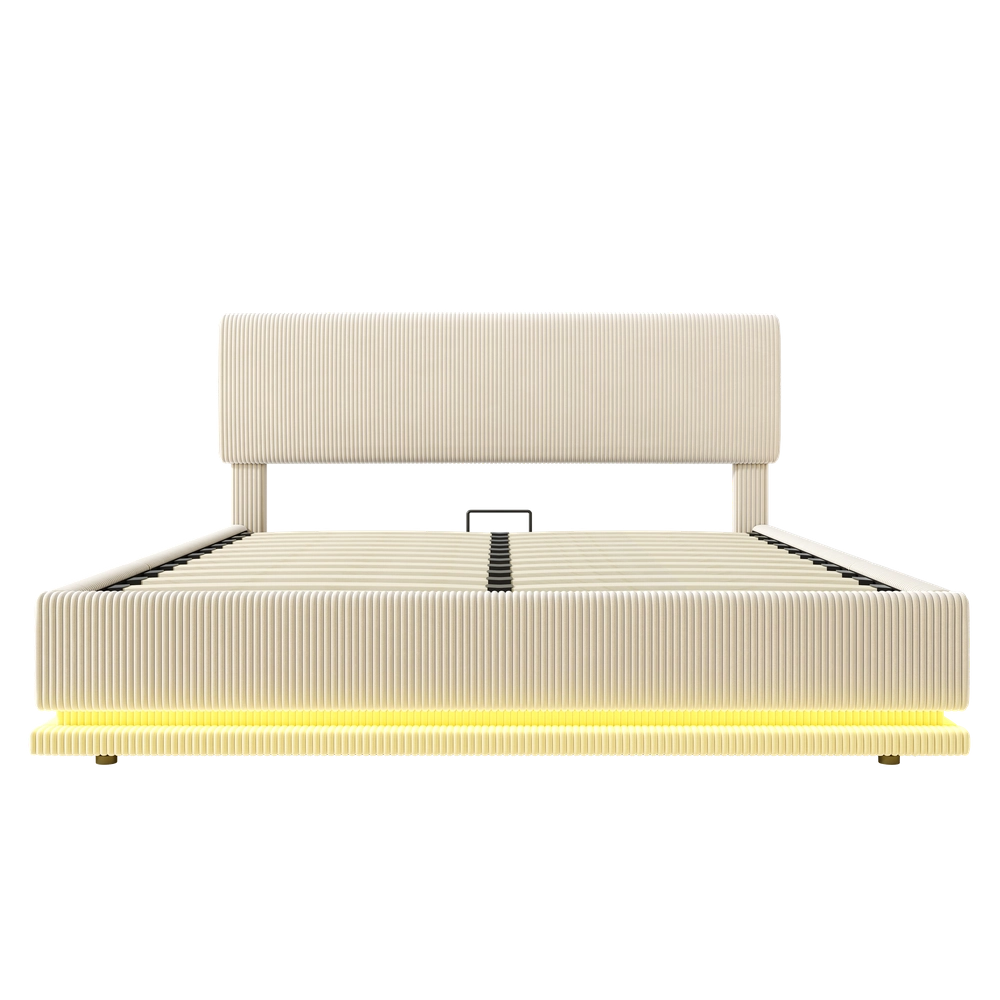 Letto Imbottito con LED, USB-C, Testiera Regolabile e Contenitore ¨C MINIMAL ¨C Velluto a Coste Beige 140x200