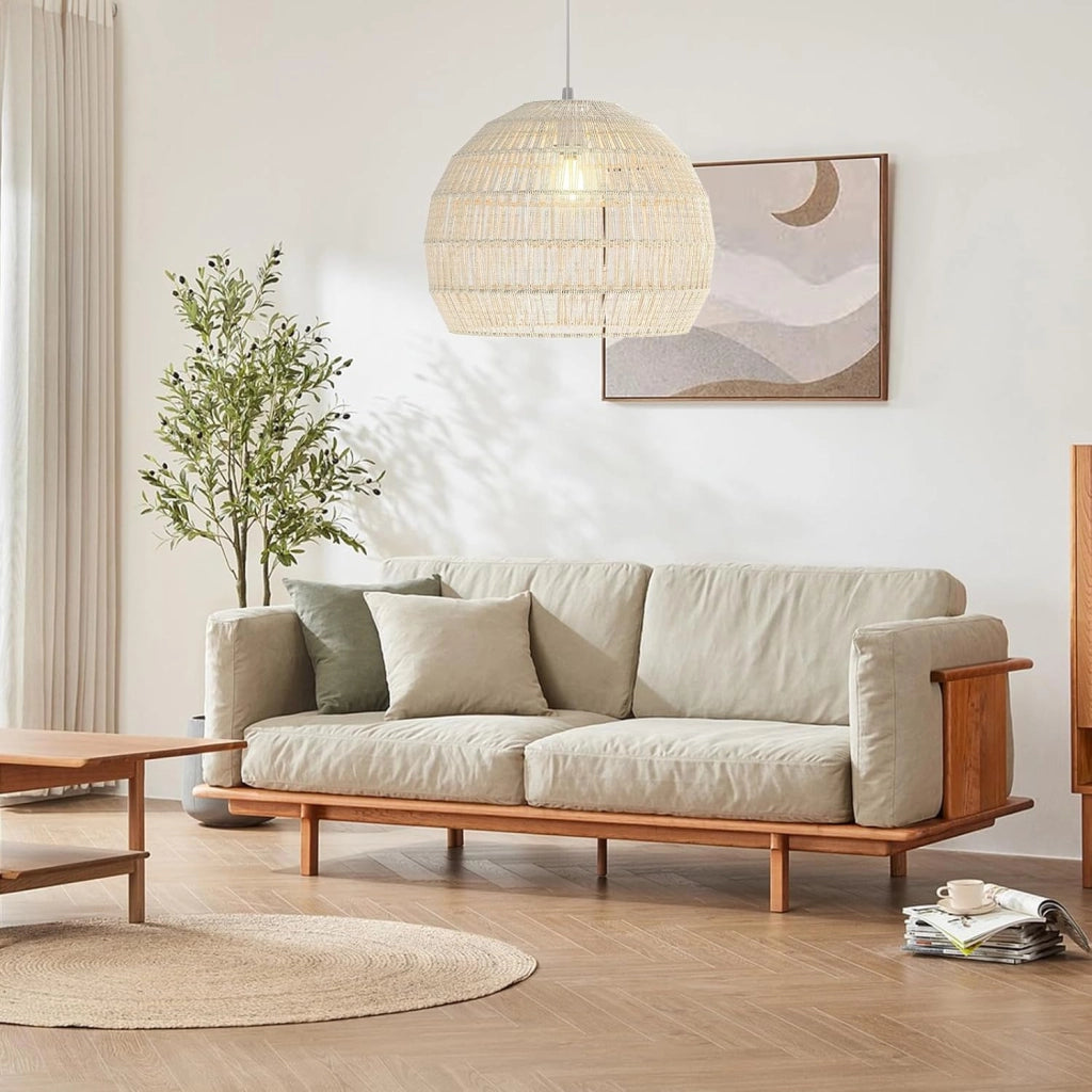 Lampada a Sospensione, Lampadario Moderno con Struttura in Metallo e Cupola in Carta, Luce con Altezza Regolabile per Cucina, Camera da Letto e Soggiorno, 43 x 43 x 34 cm (Beige)