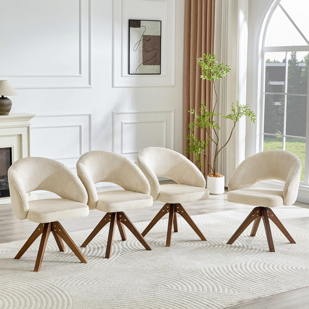 Set 2 Sedie Girevoli Retr¨° ¨C MINIMAL ¨C Tessuto Bianco a Righe, Gambe in Legno Massello Noce, Schienale