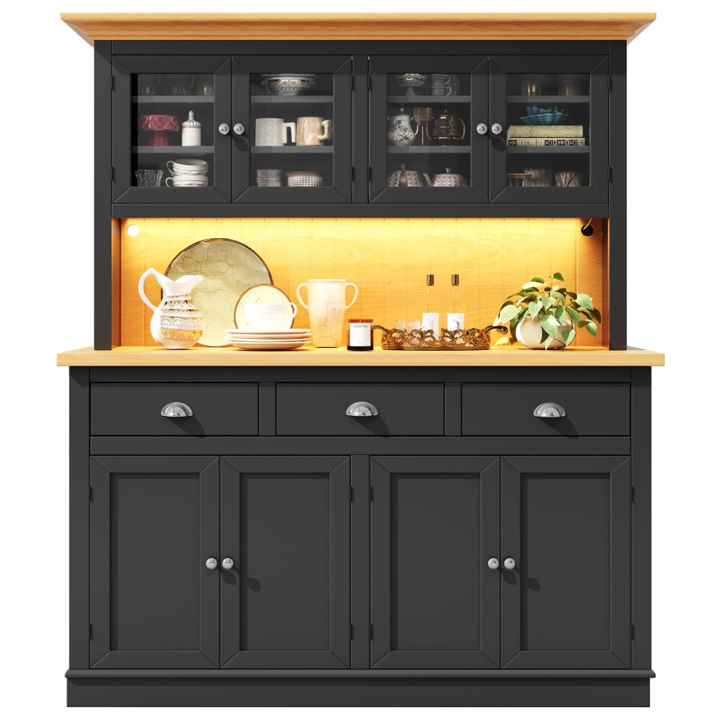 Credenza alta vetrina LED con anta in vetro e ripiani regolabili; per sala da pranzo; nero; 140 × 40 × 180 cm