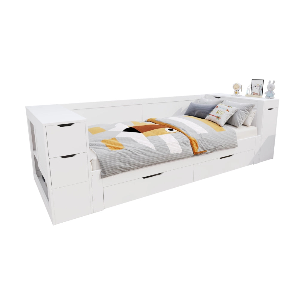 Letto singolo 90x200 cm bianco in MDF con cassetto e comodino