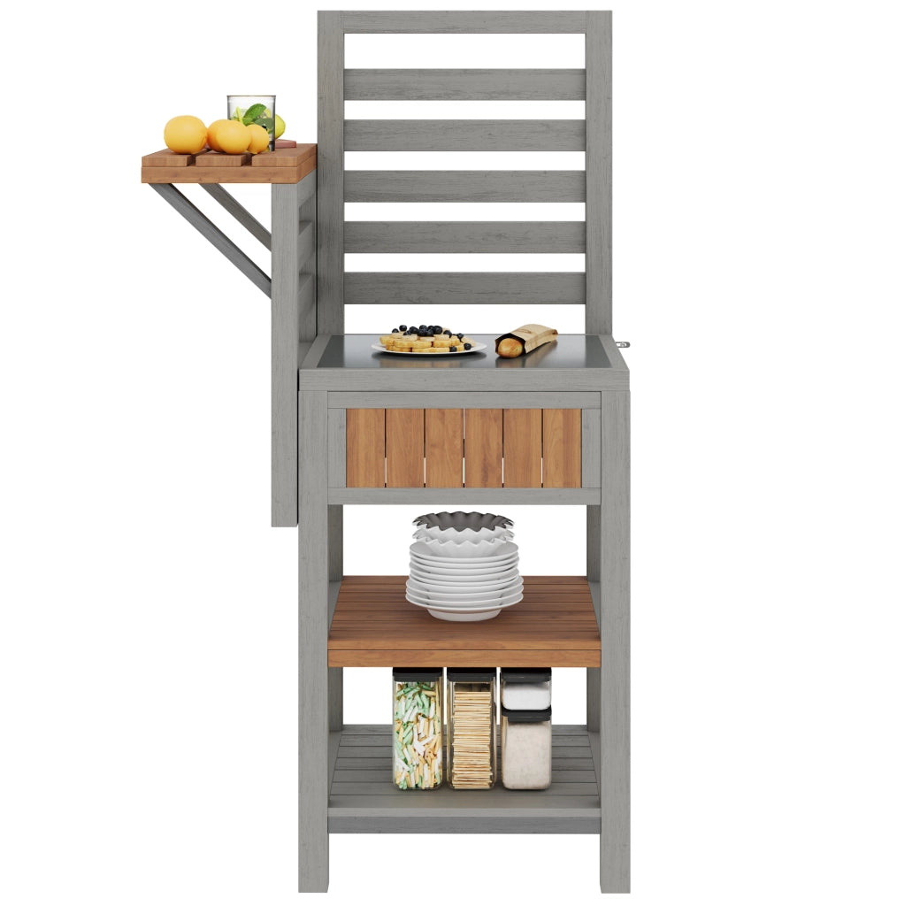 Mobile da esterno in legno massello con piano in acciaio inox e doppio ripiano; 74x54x149 cm; naturale