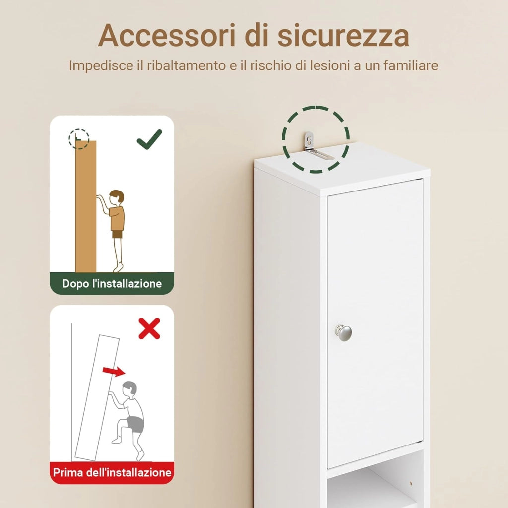 Mobile Bagno Alto e Stretto, Mobili Salvaspazio Mobiletto a Colonna da Terra con Ripiani Regolabili e Cassetto Armadietto per Bagno e Lavanderia 20×20×180 cm BZR34-II-W