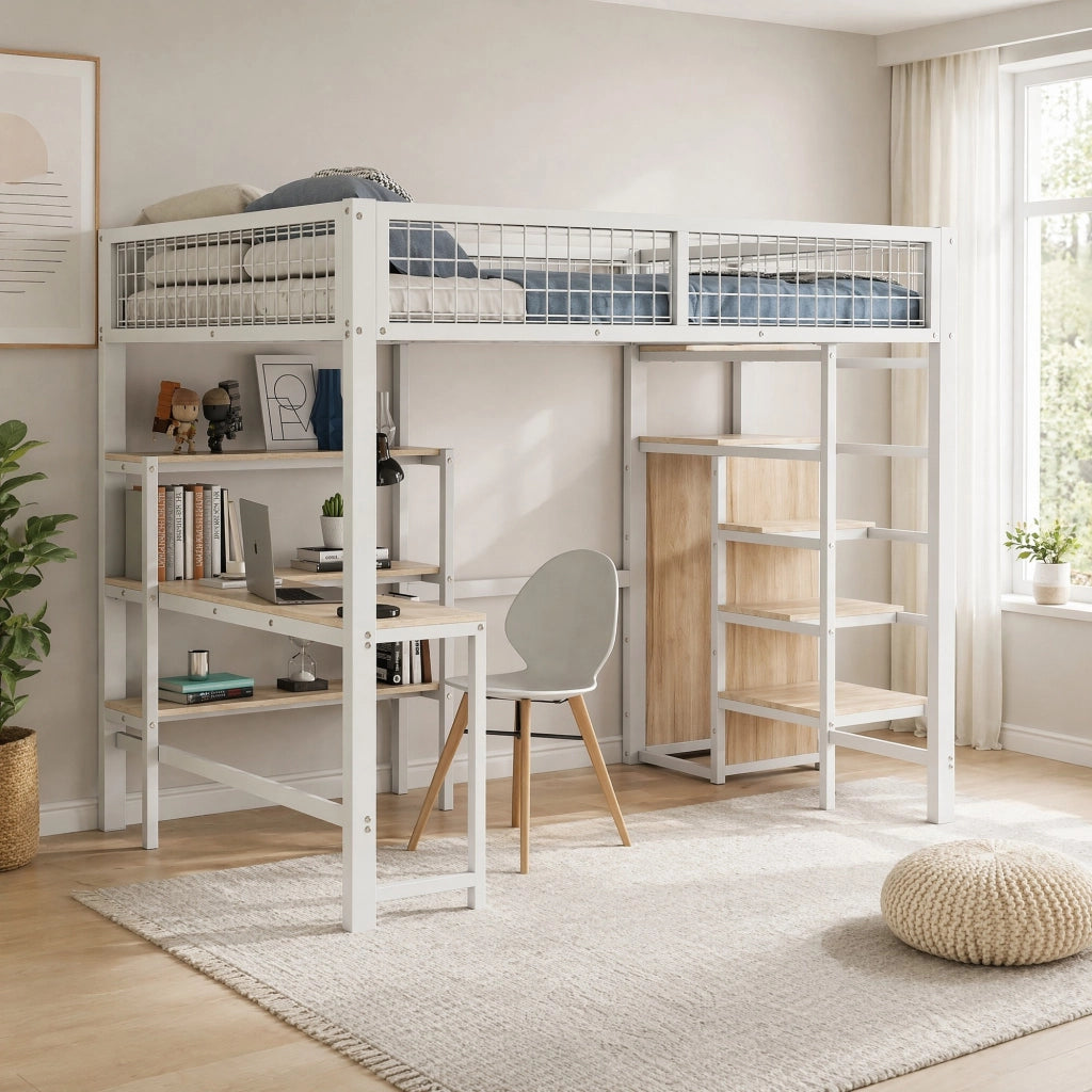 Letto a soppalco 140x200 cm in metallo e MDF, con scrivania, ripiani e armadio, bianco