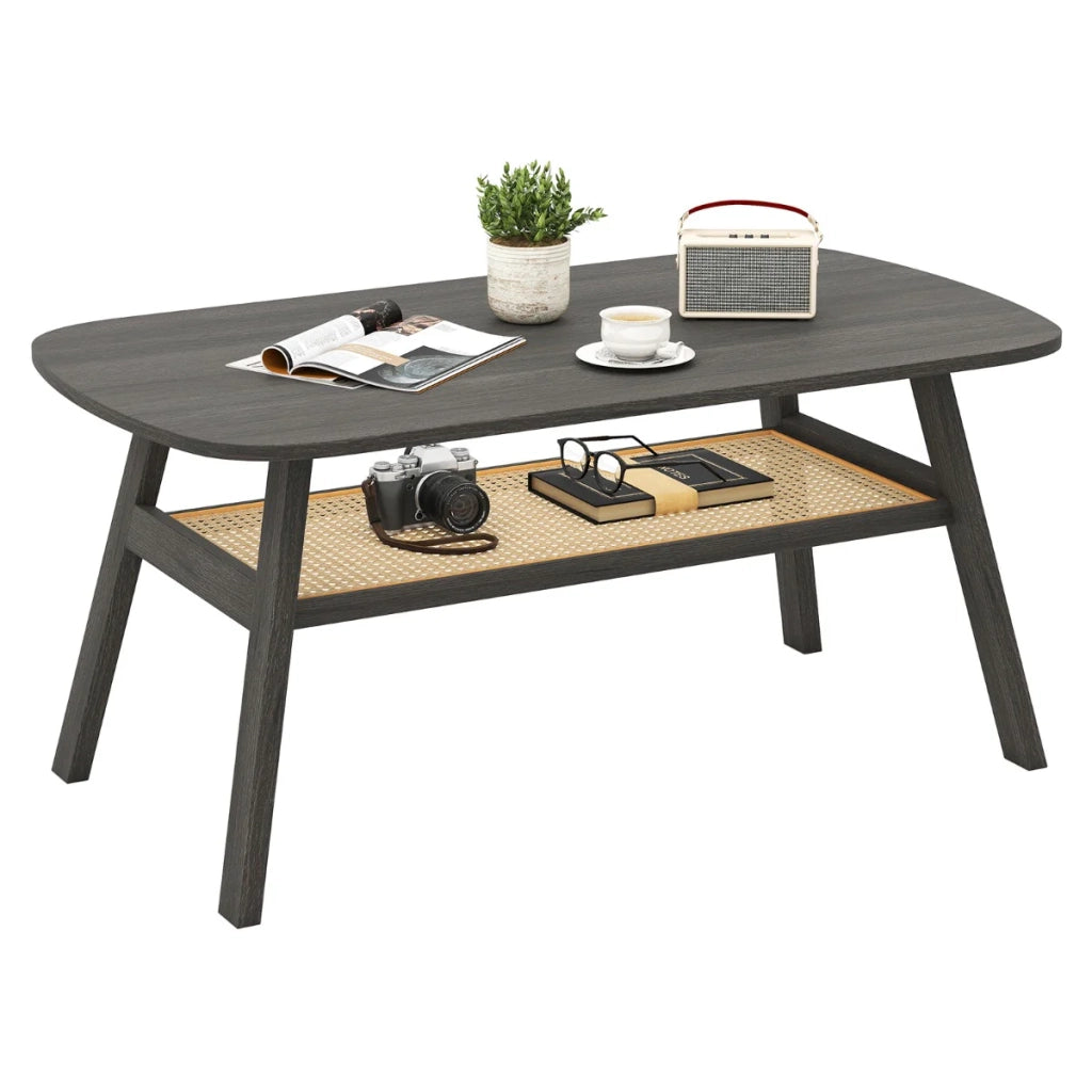 Tavolino rettangolare 100 x 55 x 44,5 cm con ripiano portaoggetti design rustico legno di caucciù grigio scuro 20_0013815